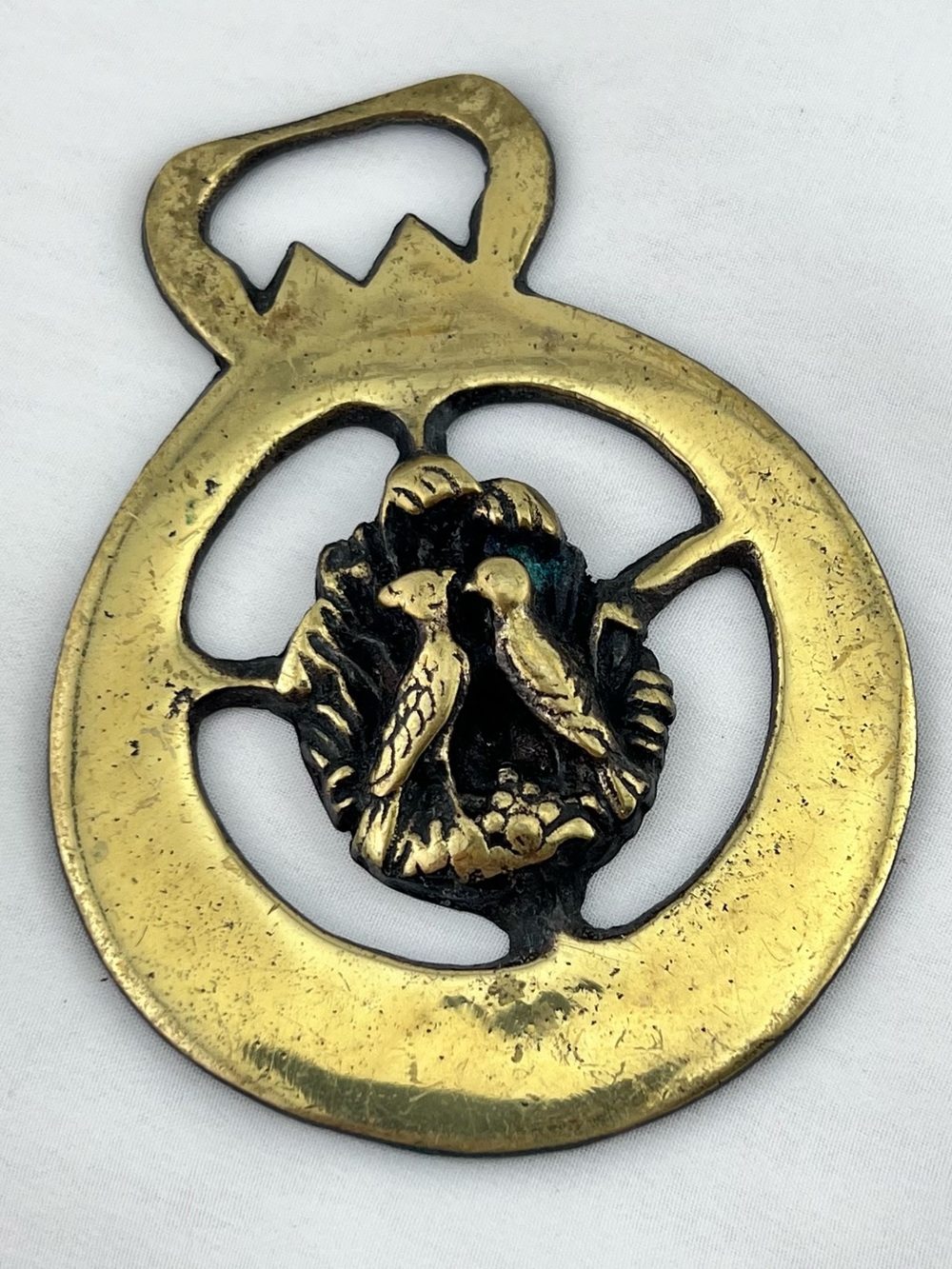 Brass Horse Medallion Vintage English Love Bird Nest Robin Parade Bridle Harness